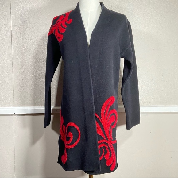 Chicos Open Front Long Cardigan Scroll Print Black Red Size 0 S - Picture 16 of 16